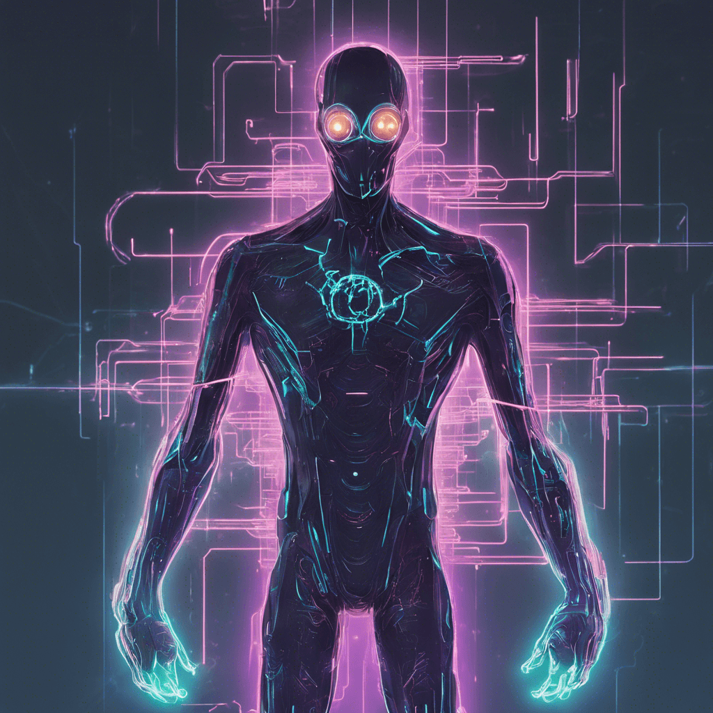 A semi-transparent figure, with flickering neon outlines, the Techno-Spectre appears to be made of pure energy. It moves with erratic, glitch-like jerks. It has a humanoid appearance but with elongated fingers ending in sharp points, and its eyes are glowing data streams.