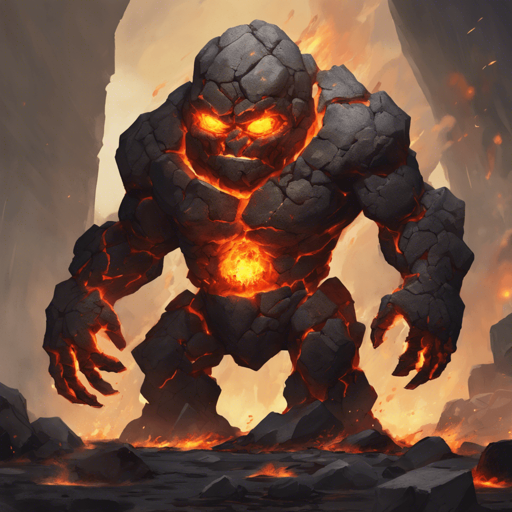 An imposing golem composed of smoldering rocks and magma, with glowing ember eyes and molten veins pulsating beneath its stony surface.