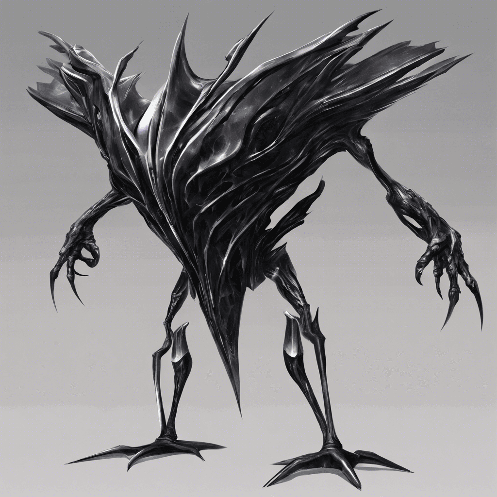 A sleek, metallic entity with a core emitting a pulsating dark energy. Its limbs are elongated with sharp, blade-like protrusions, and it floats eerily without making a sound.