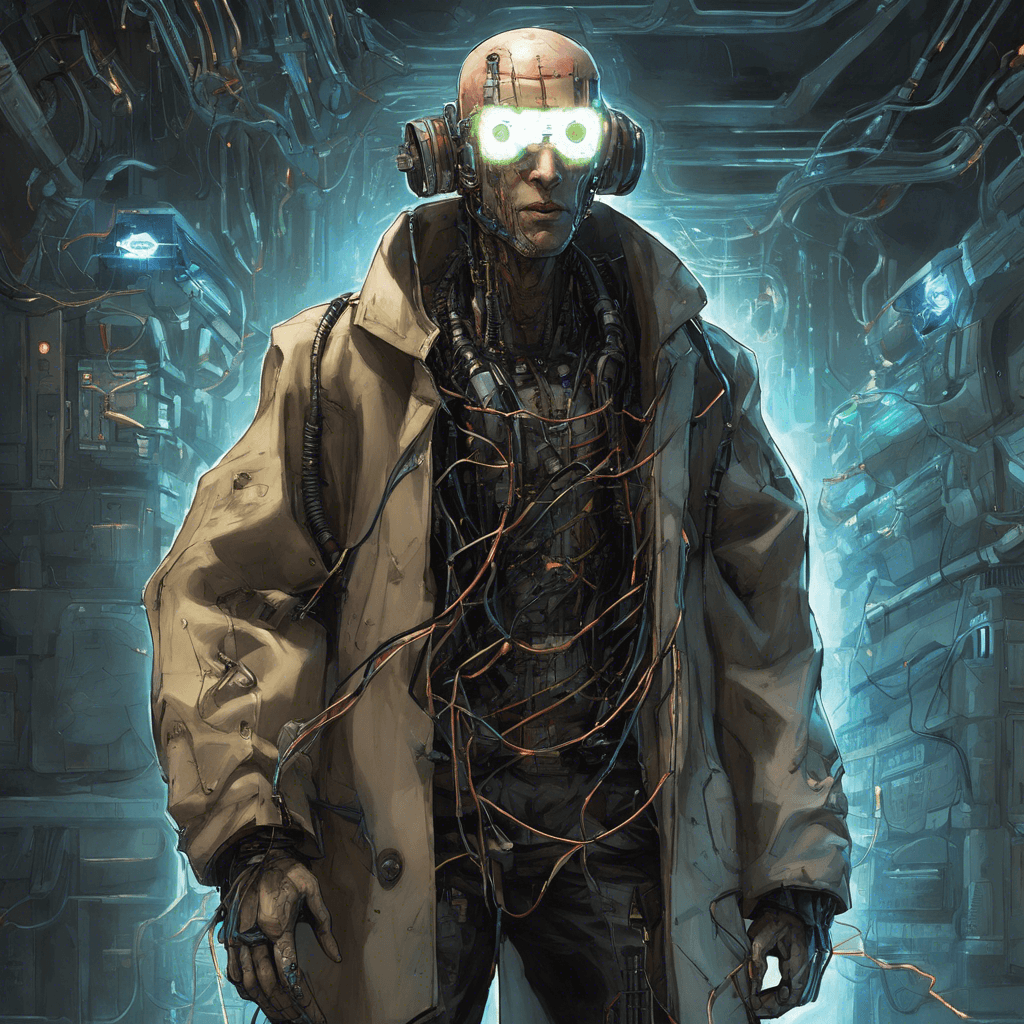 Vexor is a scrawny figure clad in a tattered trench coat covered in glowing circuits. His eyes are replaced with cybernetic visors, continuously scanning the environment. Tubes and wires protrude from his shaved head, connecting to a backpack that seems to be powering up his neural implants.