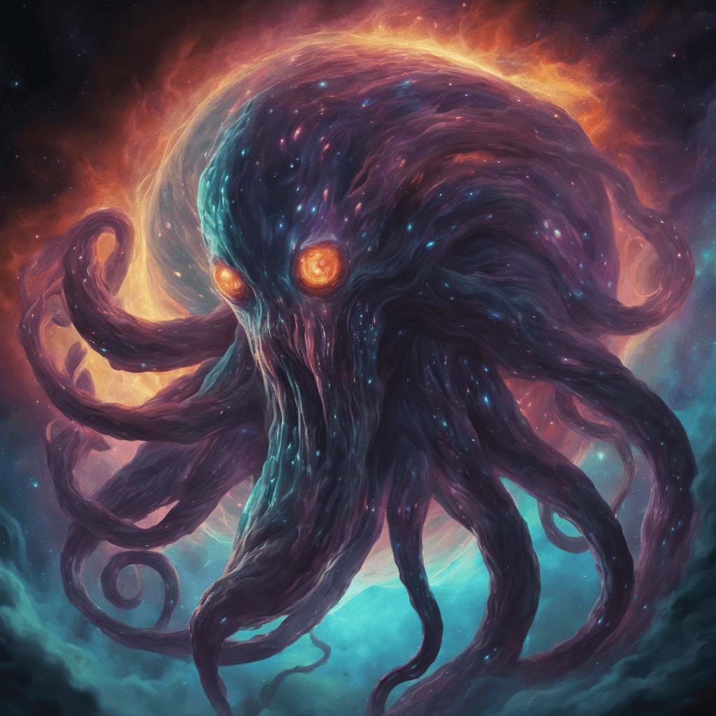 The Nebula Beast is a massive, swirling entity made of gas and energy, with tentacle-like appendages reaching out in all directions. Its eyeless face glows with an otherworldly light, constantly shifting in color and intensity.