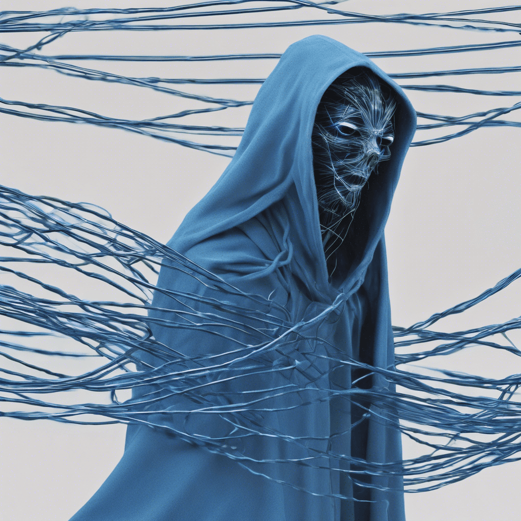 A shrouded figure with a cloak made of interwoven cables and wires, its eyes emit a cold blue light. Arcs of electricity dance across its metallic limbs.