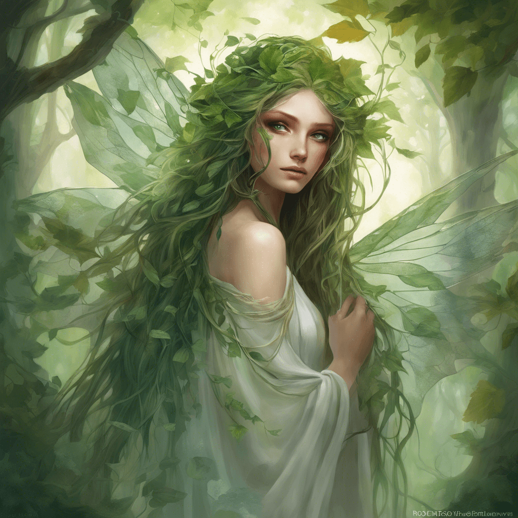 A captivating creature with emerald eyes and a lithe form, cloaked in leaves and vines that weave through her long, earthy hair. Her ethereal beauty is matched by a pair of delicate, gossamer wings that glimmer with dew in the dappled sunlight filtering through the treetops.