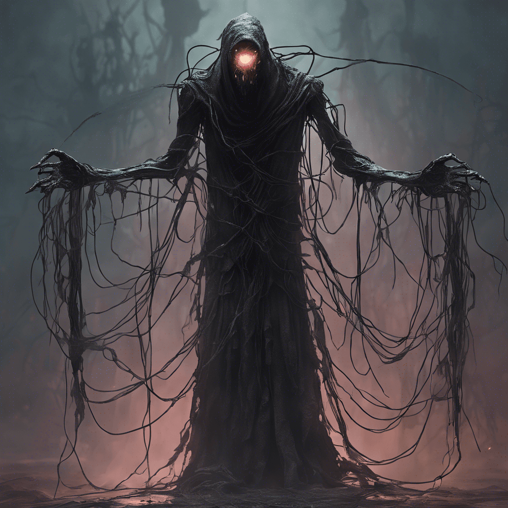 A sinister figure shrouded in tattered digital rags, the Techno Wraith's eyes glow with a baleful light. Its limbs are long and unnaturally twisted, with cords and wires flowing like veins beneath its glowing skin. It moves with a jerky, inhuman grace.