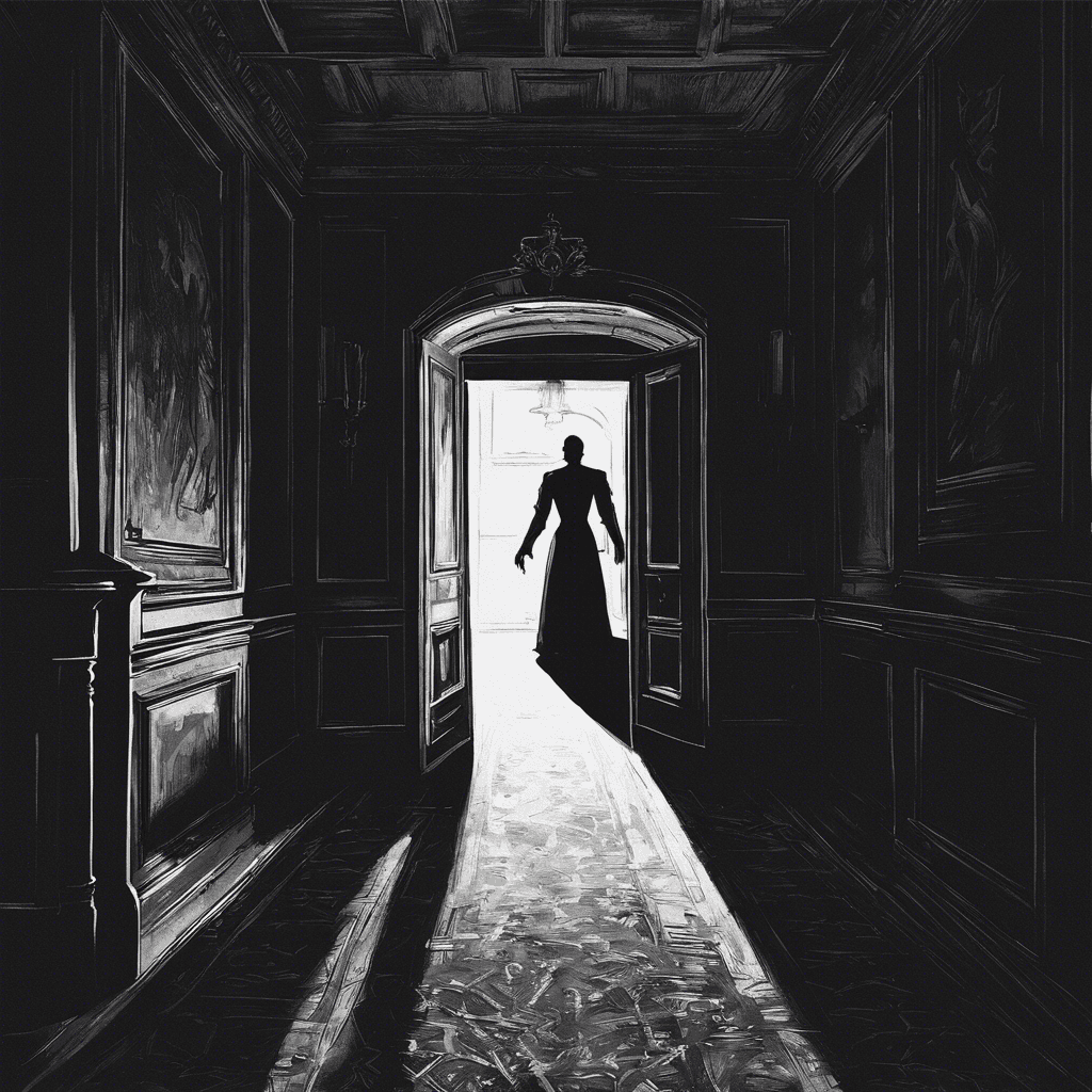 A shadowy figure, barely more than a silhouette against the dark backdrop of the manor's interior. It has no distinct features, just the vaguest impression of human shape with two gleaming points of light where its eyes should be.