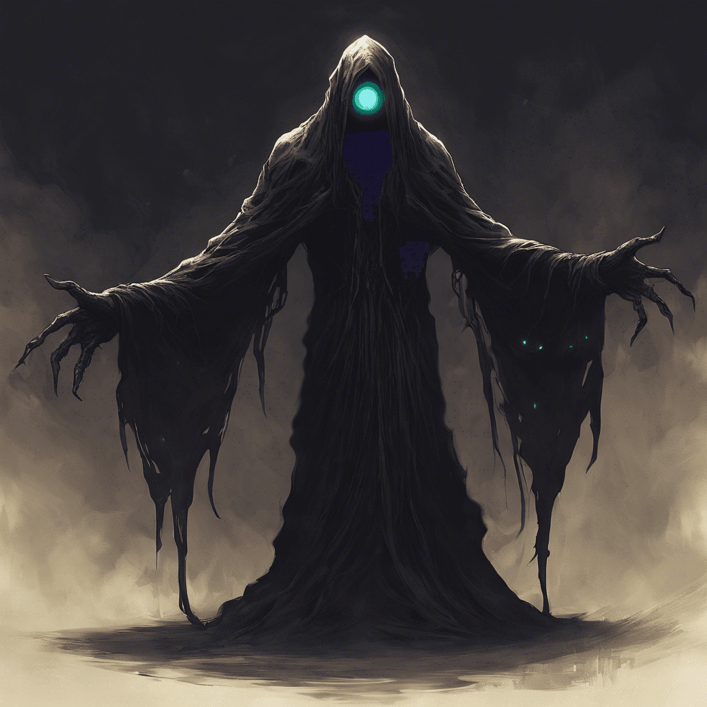 The Void Stalker is a shadowy figure, cloaked in darkness and emitting an eerie glow. Its eyes gleam with an otherworldly light, and its form is constantly shifting, making it hard to focus on. Its presence instills a deep sense of unease and dread in those who behold it.