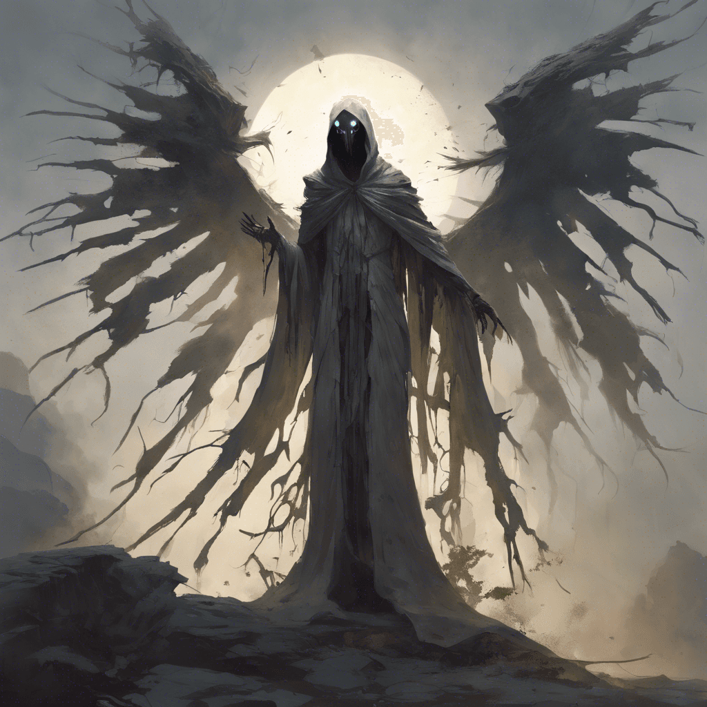 A tall, gaunt figure with elongated limbs, draped in tattered remnants of ancient robes. Its eyes glow with an unearthly light, and its fingers end in razor-sharp talons. It moves with a haunting grace, as if floating above the ground, and the air around it crackles with arcane energy.