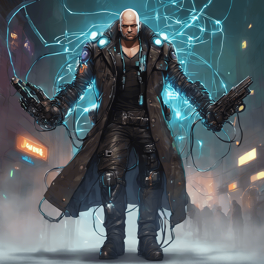 Jax 'the Wired' is a cybernetically enhanced enforcer with a metallic jaw, pulsing neural implants visible on his shaved head, and arms augmented with hydraulic power. He wears a leather trench coat dotted with glowing circuitry.