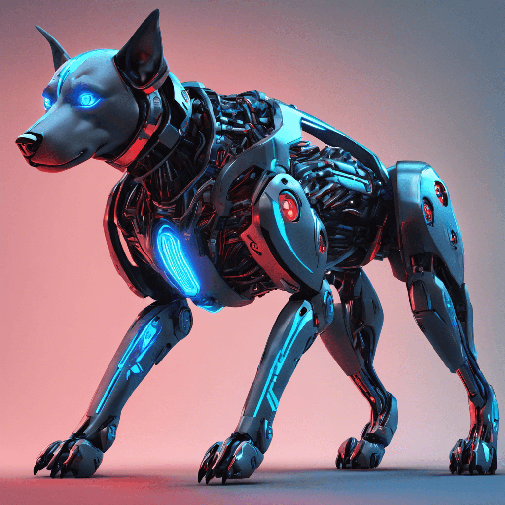 A sleek, robotic canine creature with neon blue circuits running across its metallic, gunmetal grey body. Its eyes glow with a piercing red light, and its movements are eerily silent yet swift.