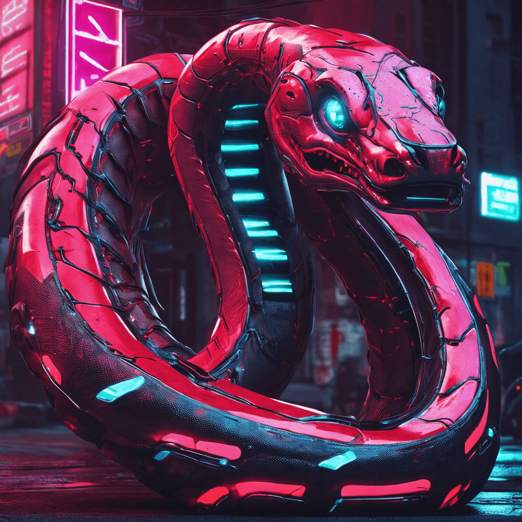 The Cyber Serpent is a sleek, snake-like robotic creature with a metallic body that shimmers in the neon lights of the city. Its eyes glow a menacing red as it slithers through the streets, leaving a trail of destruction in its wake.