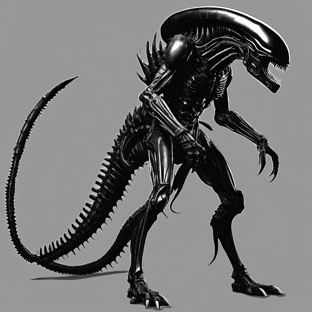 The Xenomorph Hunter stands over 7 feet tall, with a sleek black exoskeleton, razor-sharp tail, and two sets of ferocious jaws. Its blood is acidic, melting through anything it touches. This deadly alien predator moves with lightning speed and deadly precision, hunting its prey with relentless determination.