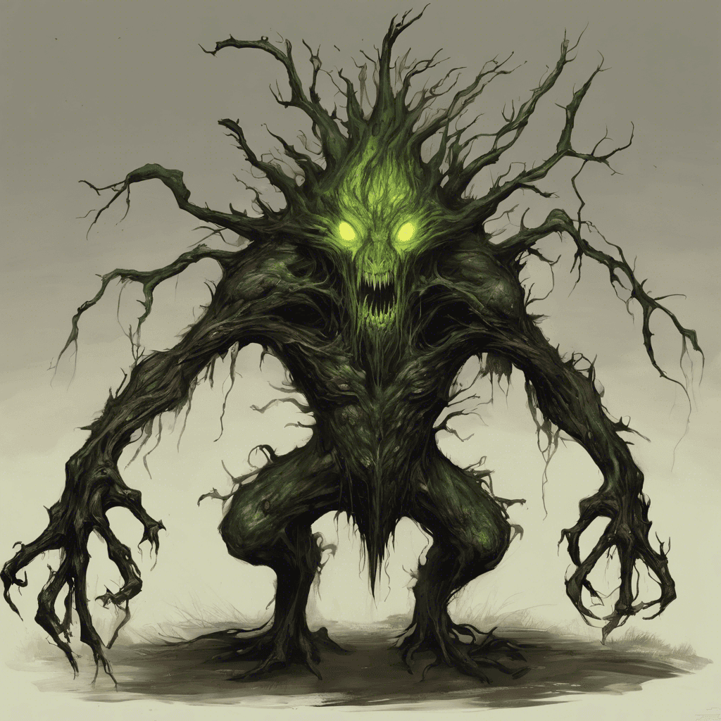 A colossal tree-like creature, its bark blackened and oozing a viscous, greenish sap. Its eyes burn with a sickly luminescence, and twisted branches end in sharpened, claw-like protrusions.