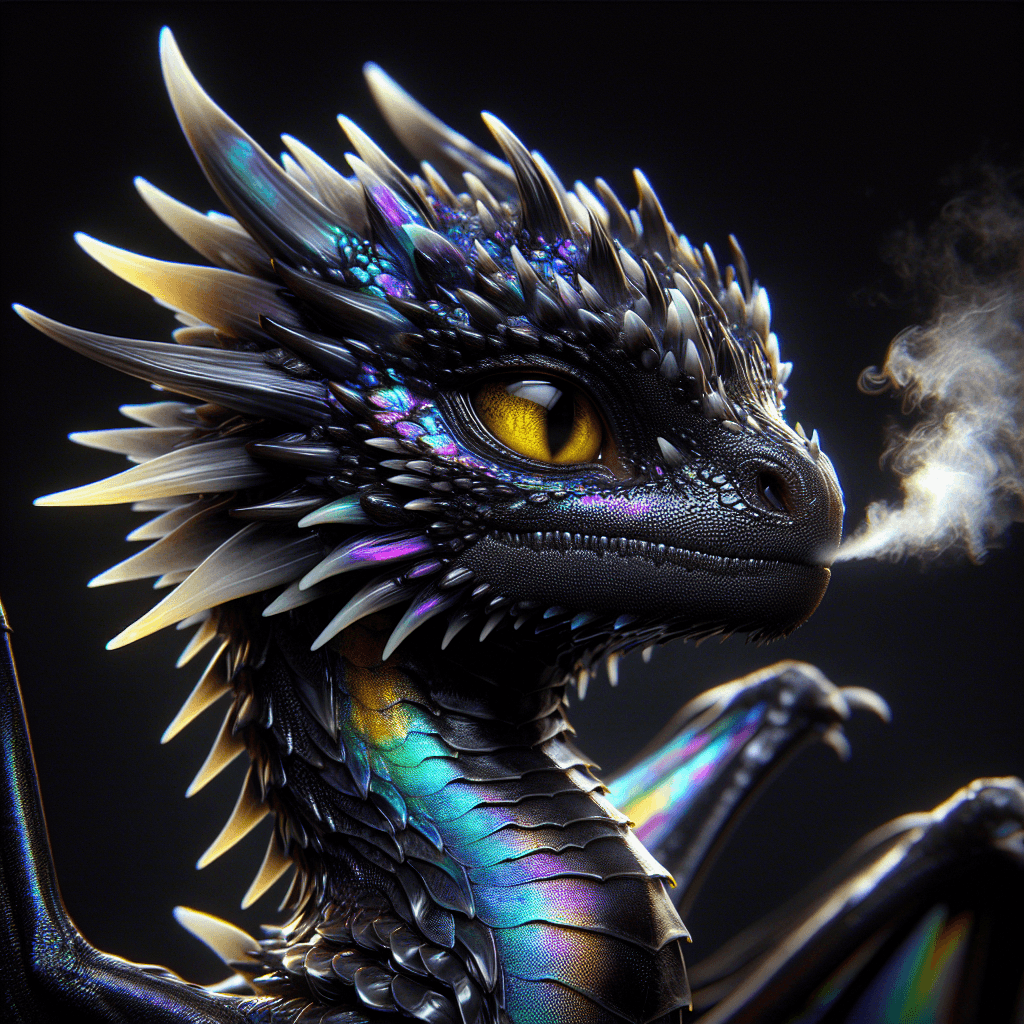 A young dragon with iridescent black scales glinting like oil in a puddle, sharp piercing yellow eyes, and smoke trailing from its nostrils. Its wings are partially unfurled, showing off the spiny protrusions along the edges.