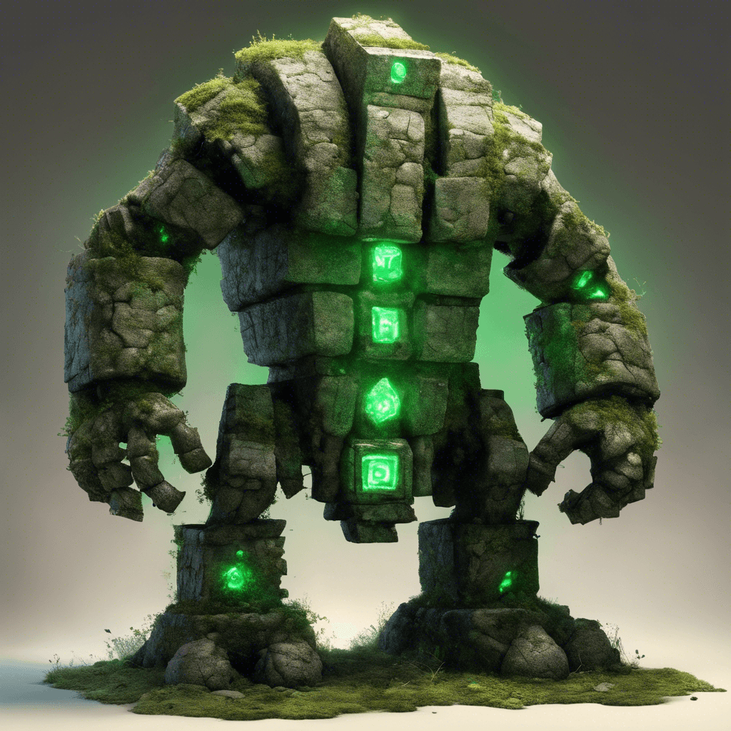 A towering golem made of interlocking stone plates, with glowing runes etched across its body and moss growing in the crevices. Its eyes are two deep-set emeralds that shine with a menacing light.