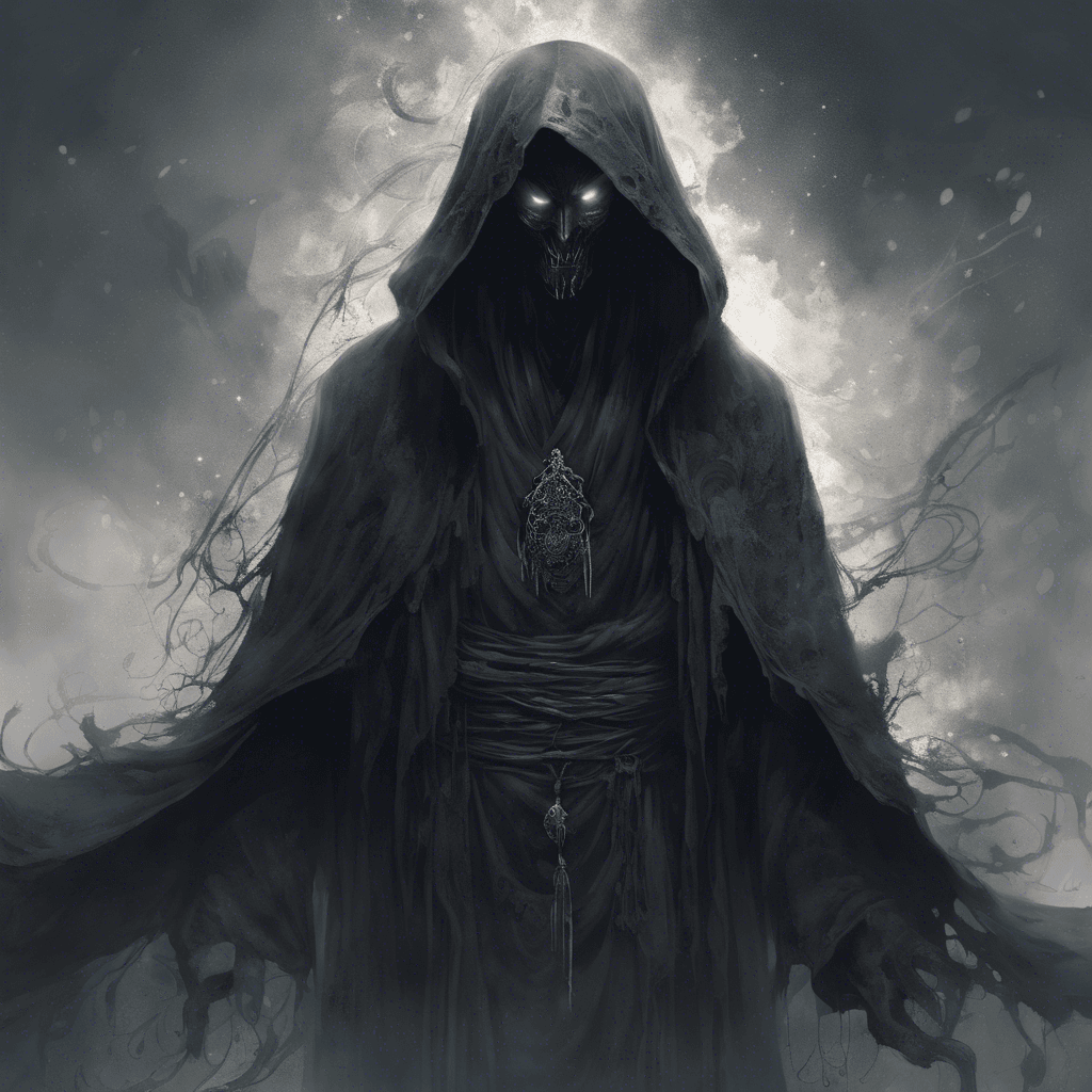 A dark figure shrouded in tattered robes, its eyes glow with malicious intent. Mist swirls around its form, giving it an ethereal, otherworldly presence.