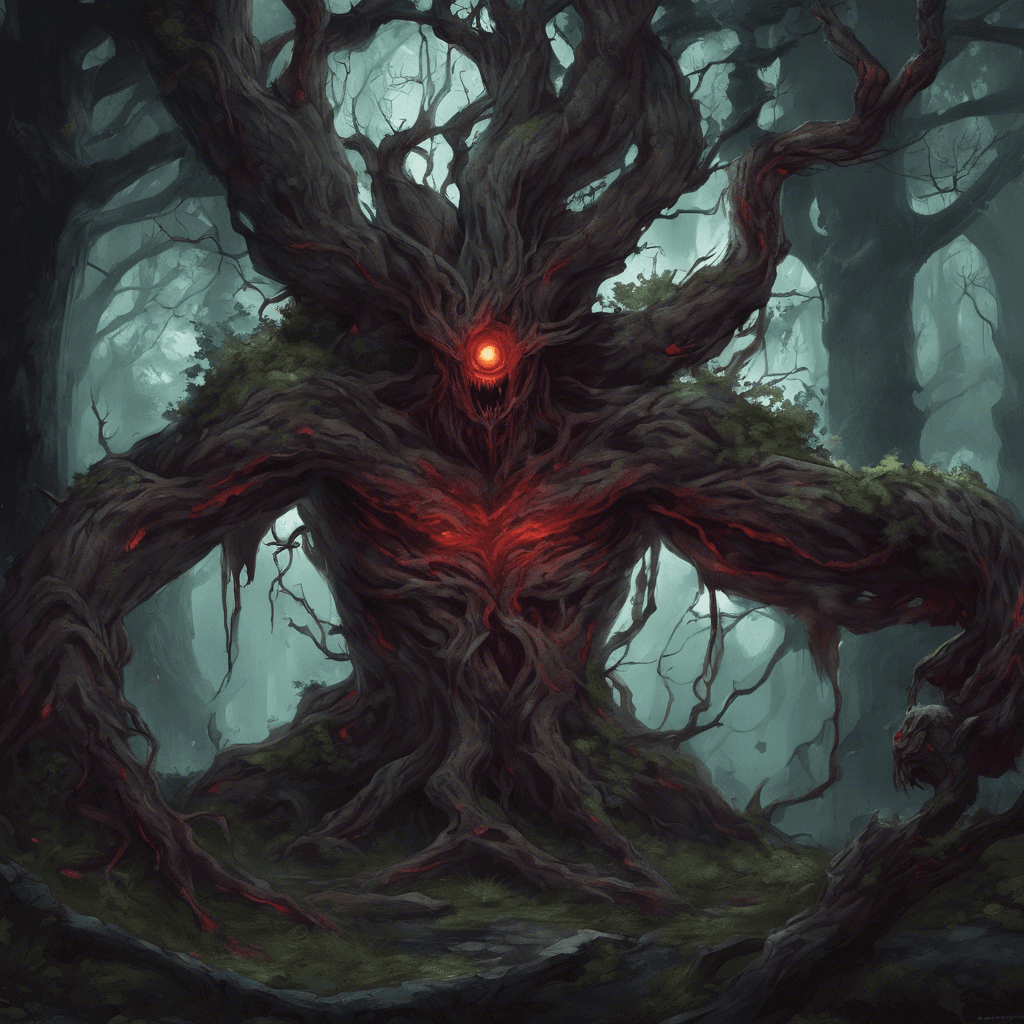 A once-peaceful tree spirit now twisted into a hulking form. Its bark is blackened and oozes a dark sap, and its eyes, glowing crimson, betray a malevolent intelligence. Its roots crawl across the ground like serpents, seeking to ensnare.