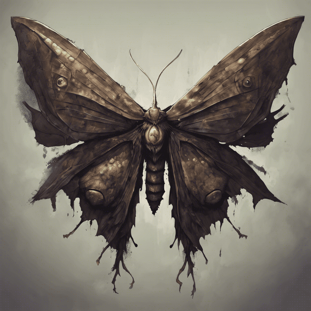 A monstrous moth with tattered wings that seem to absorb light, leaving a trail of shadowy dust. Its eyes gleam with a malevolent intelligence, and sharp mandibles click menacingly, ready to bite.