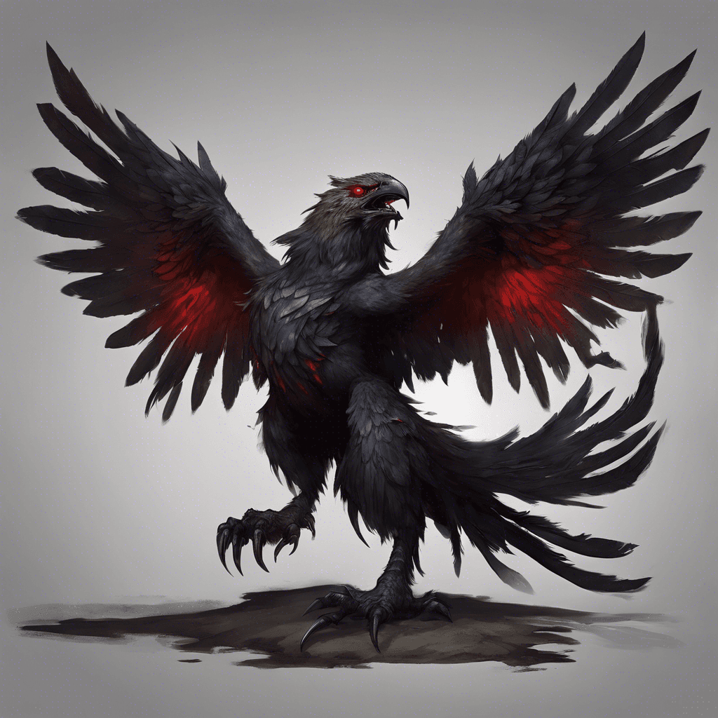 A daunting griffin with ebony feathers and ominous red eyes. Its large wings are tattered at the edges, and razor-sharp talons glisten with a sinister hue.