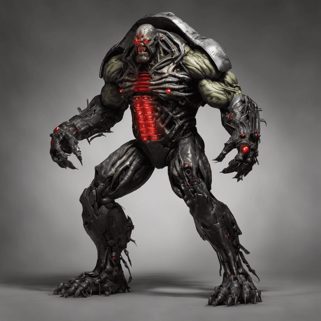 The Circuit Reaver is a hulking figure, standing over seven feet tall, its body a grotesque amalgamation of flesh and metal. Cybernetic enhancements bulge from its limbs, giving it a monstrously enhanced physique. Its face is obscured by a highly advanced tactical visor that flickers with a sinister red light, while arcs of electricity crackle between its cybernetic claws.