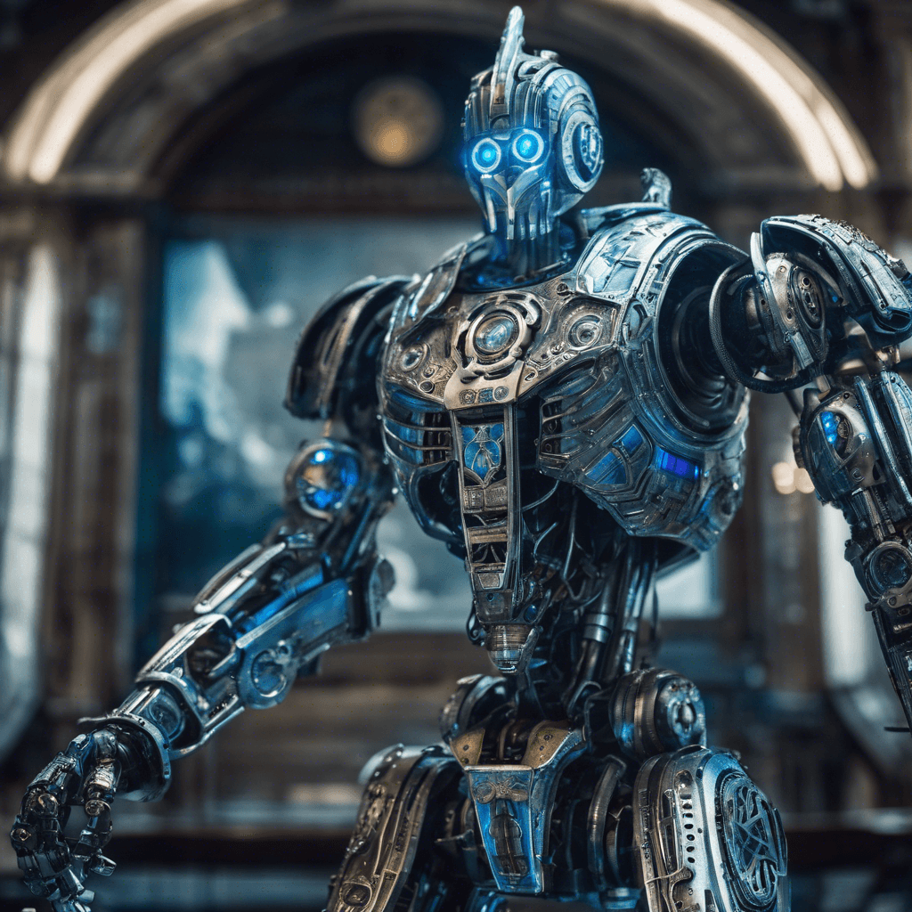 The Chrono Sentinel is a towering metallic robot with intricate clockwork details etched into its armor. Its glowing blue eyes scan the surroundings with precision, and its joints move with fluidity and grace. It emits a faint hum that seems to distort time and space around it.