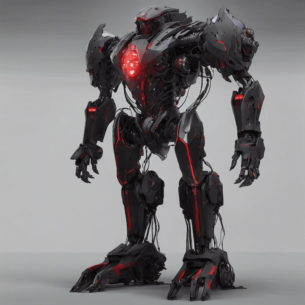 A towering mechanical sentinel, it has matte black exoskeleton armor with crimson accents, pulsating data-core glowing through its chest, and hydraulic limbs whirring with energy. It bears resemblance to a humanoid shape, with optic sensors scanning for threats.