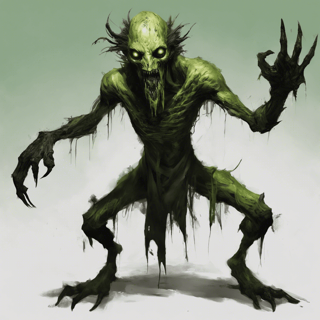 A gaunt figure with pallid, mottled skin, elongated limbs, and fingers ending in razor-sharp claws. Its eyes glow a sickly green and its mouth is a pit of darkness between tattered shrouds of clothing.