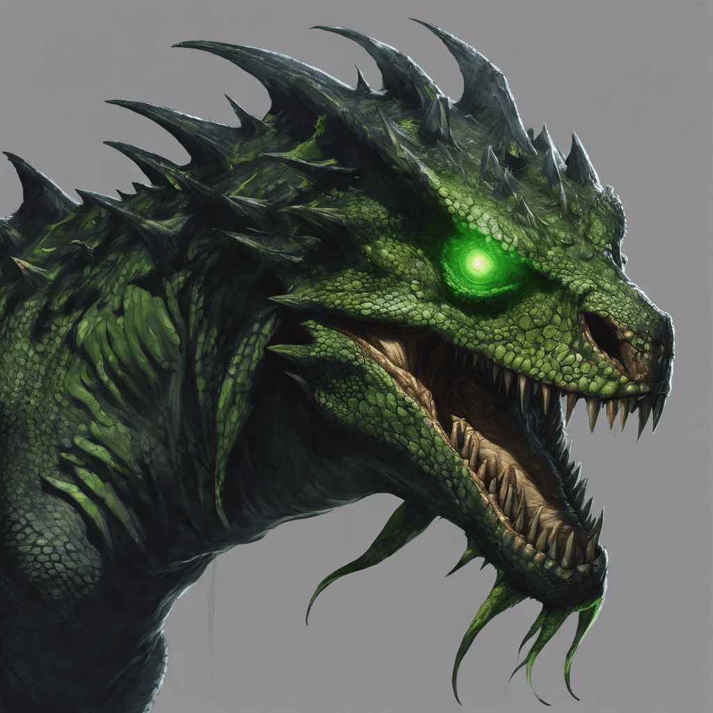 A massive reptilian creature with scales as black as night, eyes glowing with a venomous green hue. It has long, lethal claws and spiny thorns protruding from its hide.