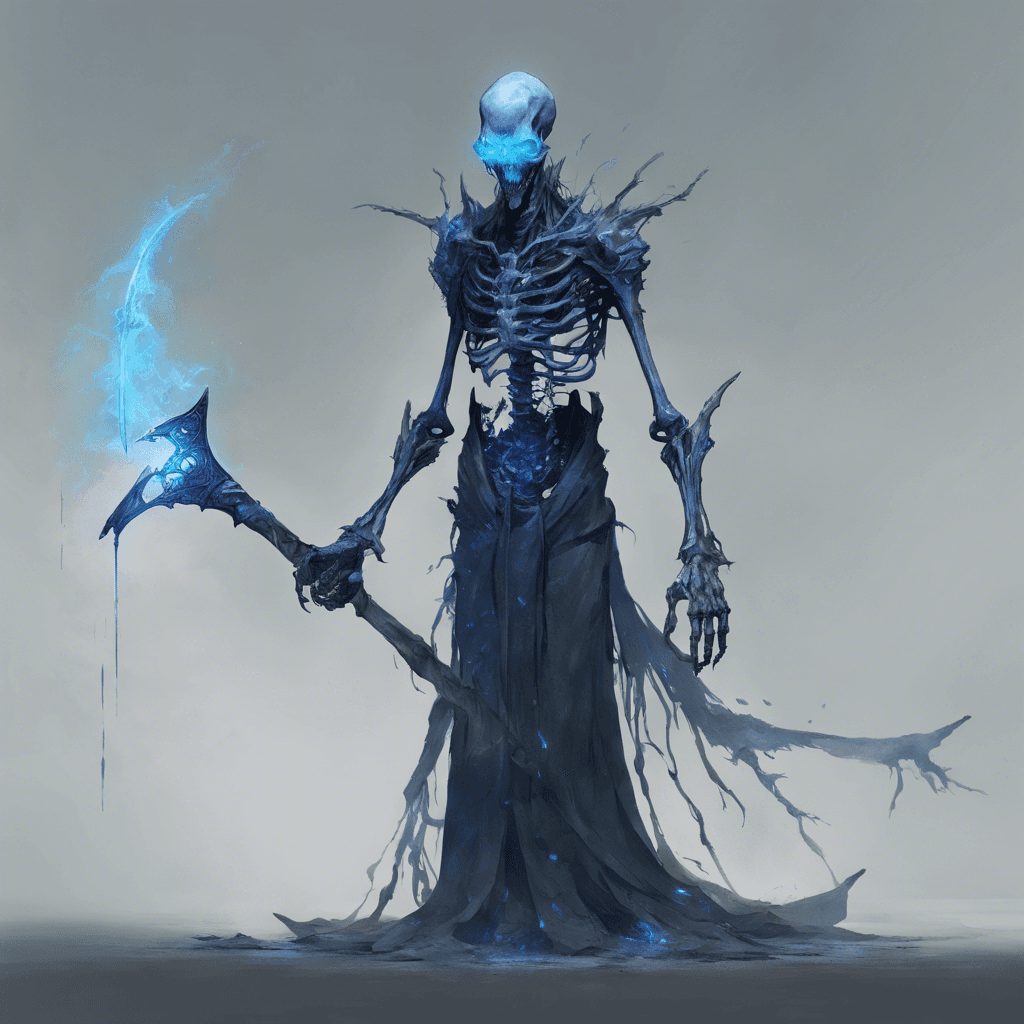 A towering, skeletal creature with ethereal blue flames flickering in its empty eye sockets. Tattered robes cling to its form, and it wields a spectral scythe that seems to slice through the very air.