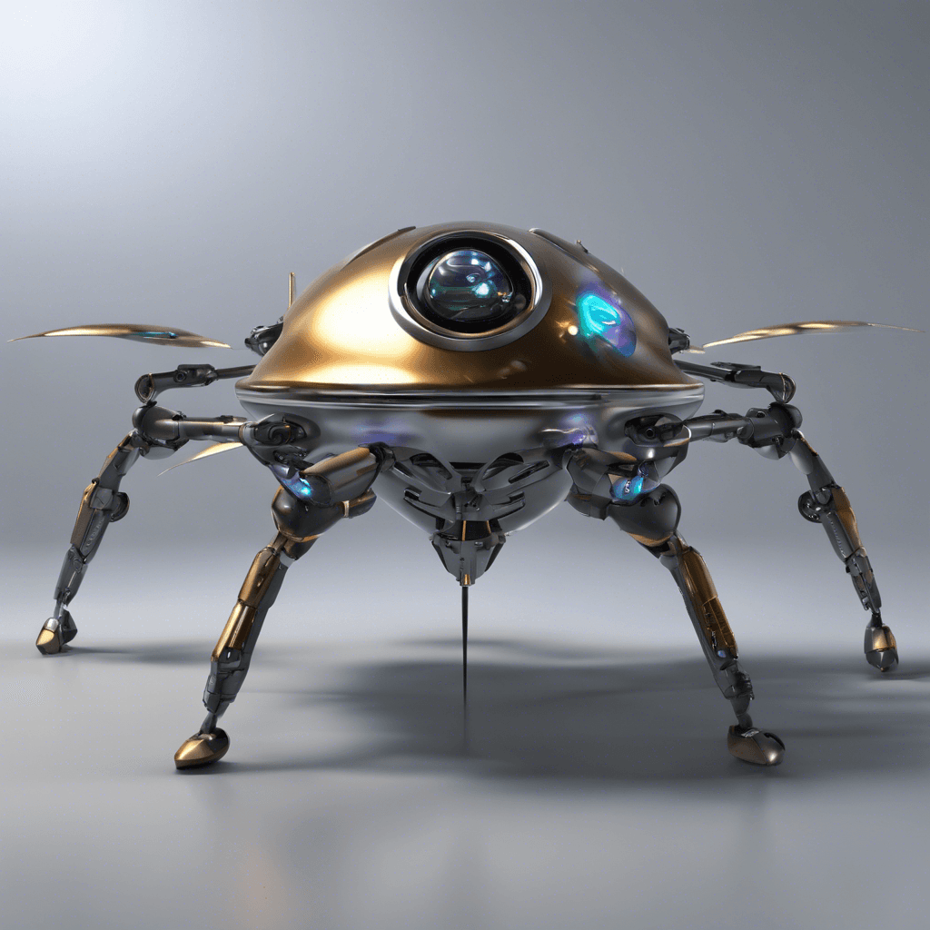 A sleek, hovering drone with a reflective chrome surface, its body encased in a shell of advanced alloy. Multiple sensors and targeting lasers protrude like the eyes of a metallic insect, and an energy cannon sits menacingly underneath.