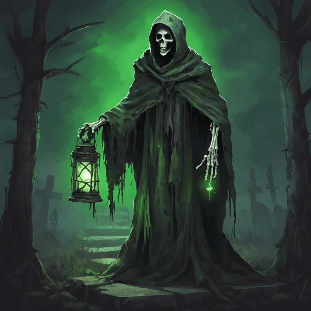 The Grave Warden is a tall, skeletal figure draped in tattered funeral robes, carrying a rusted lantern that casts an eerie green light. Its hollow eye sockets glow with malevolent energy as it silently watches over the cemetery, ready to defend it from intruders.