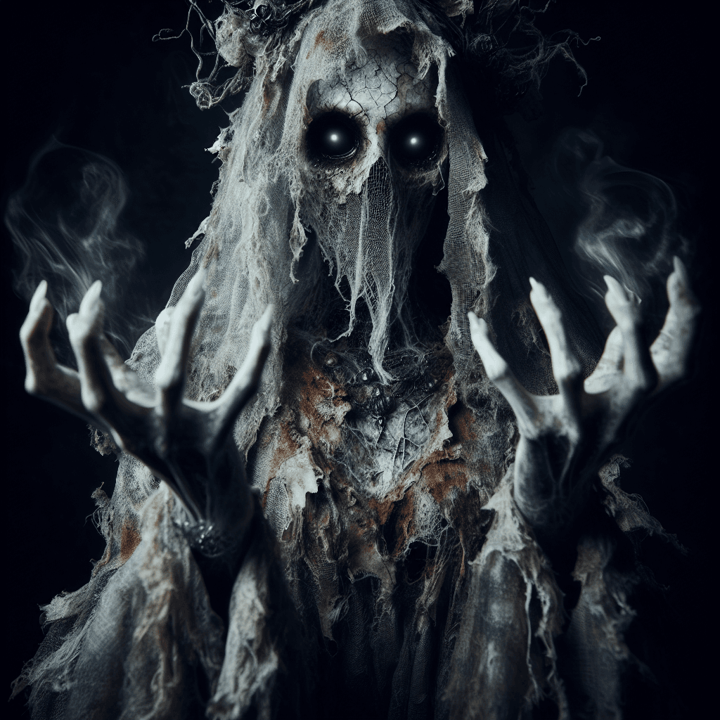 A translucent ghostly figure cloaked in tattered remnants of ancient garb, with hollow eye sockets burning with a faint eldritch light, its hands outstretched with ethereal claws seeking life to siphon.