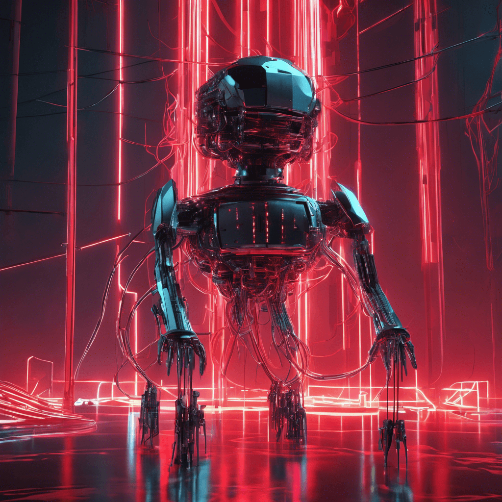 A towering automaton with a sleek chrome exterior, marred by glitching neon lines that betray its virus-corrupted systems. Wires dangle from its joints like tendrils, and its eyes glow with an ominous red light.