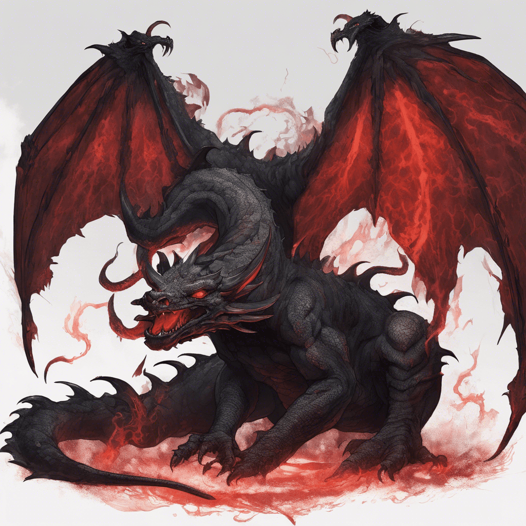 A monstrous creature with the blackened, scaly body of a dragon, two snarling heads - one of a ram and one of a venomous snake, and bat-like wings that unfurl with a menacing crackle. Its eyes gleam with a blood-red light, and acrid, dark smoke billows from its nostrils as it prepares to attack.