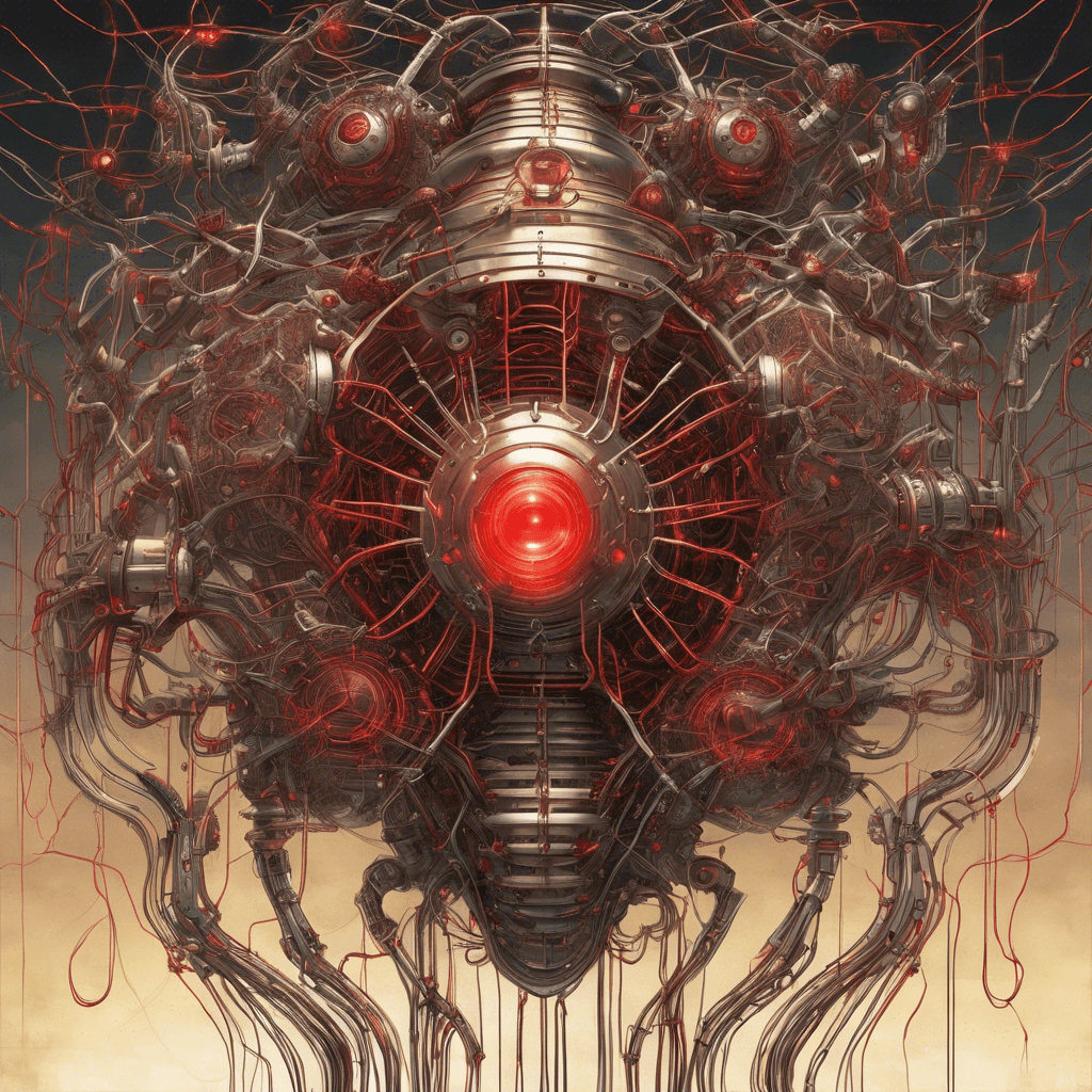 The Mechanical Hive Mind appears as a massive interconnected network of metallic tendrils and glowing red circuits, constantly pulsating with energy. It emits a deafening mechanical hum as it moves, showing no signs of emotion or empathy. Its cold, calculating presence instills fear in all who behold it.