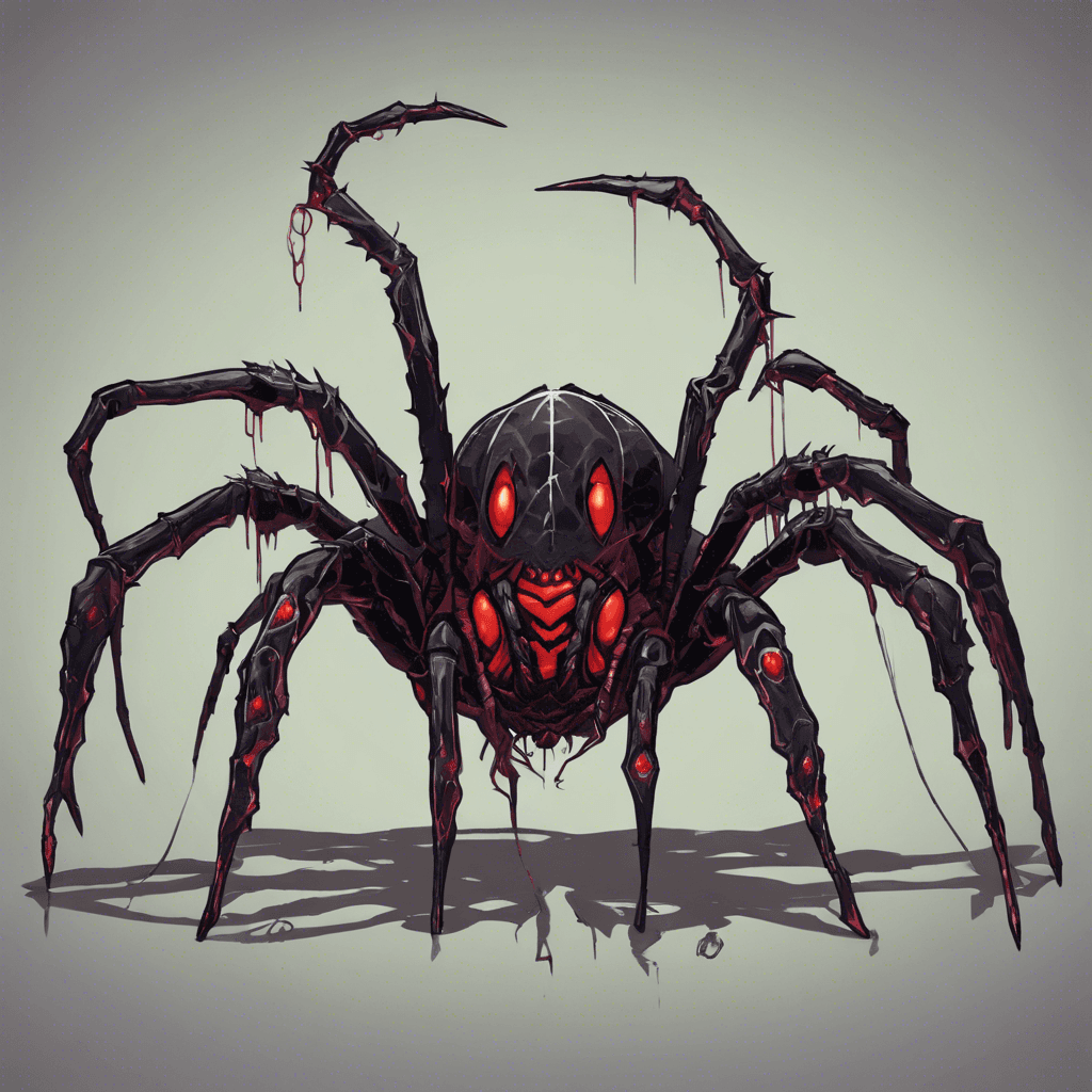 A monstrous arachnid with a glistening black exoskeleton and crimson markings. Its eight eyes gleam with a malicious intelligence, and its mandibles drip with a dark, viscous venom. The Gloomfang Spider is known for its stealth and ability to cast webs of dark magic, enabling it to ensnare the unwary.