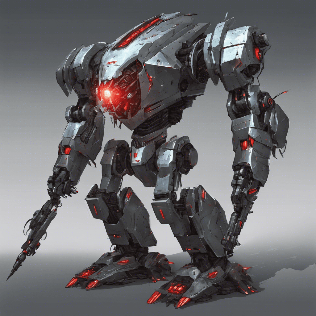 A looming, heavily armored robot stands nine feet tall, bristling with sharp angles and weaponry. It has a cold, metallic visage with glowing red optical sensors, and a thick carapace of dark titanium alloy plates. Mechanical appendages whir menacingly, equipped with an array of lasers, rocket launchers, and a fearsome particle beam cannon.