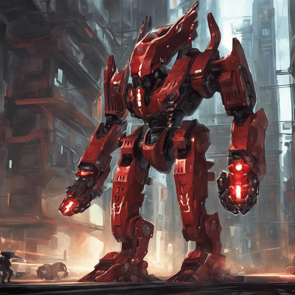 Valkyrex is a towering mechanoid, its body a fusion of heavy industrial machinery and sleek combat armor. Glowing red sensors sit where eyes should be, scanning for targets. It moves with a calculated and menacing grace, pistons hissing and gears whirring as it prepares to unleash its arsenal.