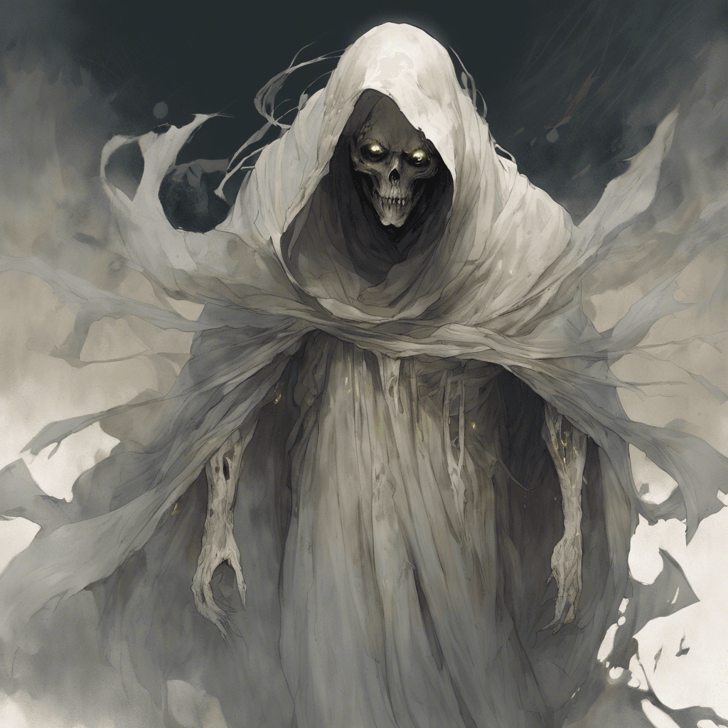 A sinister, translucent figure shrouded in tattered robes that billow in an unnatural breeze. Its eyes are hollow sockets that burn with a dim, ethereal light.