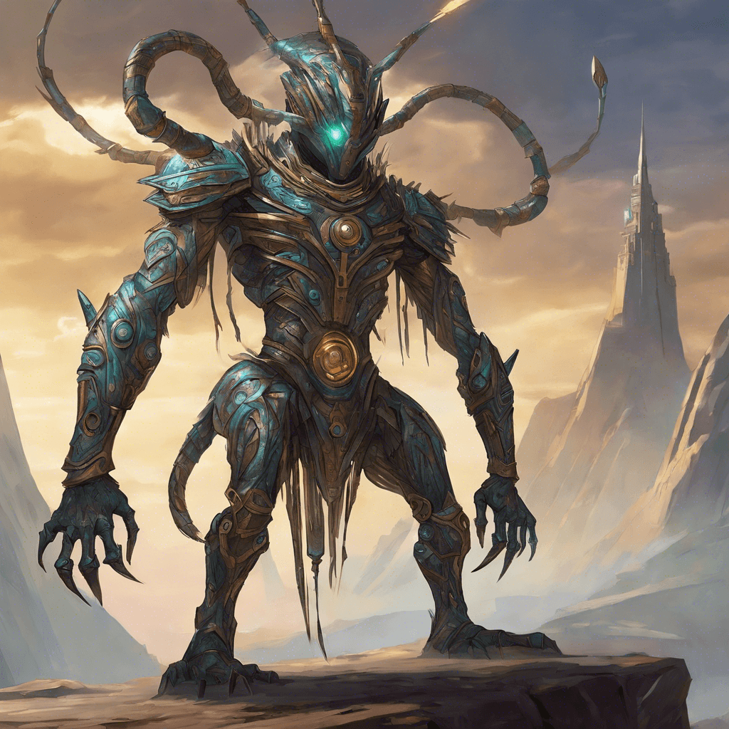 A towering humanoid creature with metallic skin, glowing eyes, and sharp, blade-like appendages that protrude from its arms. Its body is covered in mysterious symbols and runes, indicating a deep connection to the ancient artifact hidden within the planet. The Xylophane Guardian emanates a powerful aura of ancient energy, ready to defend its territory at all costs.