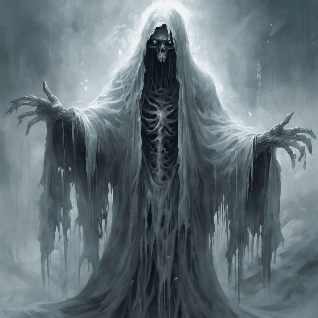 A spectral figure clad in tattered, flowing robes, with hollow eyes that seem to pierce through your soul. Its icy touch chills you to the bone, leaving behind a feeling of dread and despair.