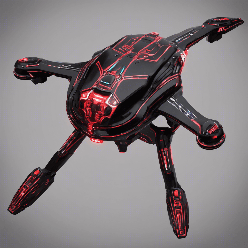 The Sentinel Drone is a sleek, metallic flying machine equipped with advanced weaponry and sensors. It hovers silently in the air, scanning its surroundings with glowing red optics. Its body is adorned with intricate circuit patterns, reflecting its sophisticated AI design.