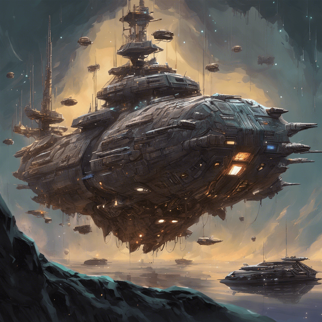 A gargantuan, asteroid-like ship bristling with various weaponry and antennas, with hull sections covered in glowing techno-organic infestations, suggesting a symbiosis between alien technology and the gnome horde.