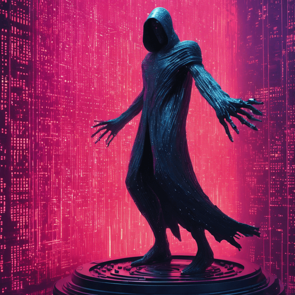 The Data Wraith is a sleek, humanoid figure cloaked in swirling streams of binary code, its eyes glowing with a menacing digital light. Its cybernetic limbs move with eerie precision, seamlessly blending into the neon-lit backdrop of the cyber metropolis.