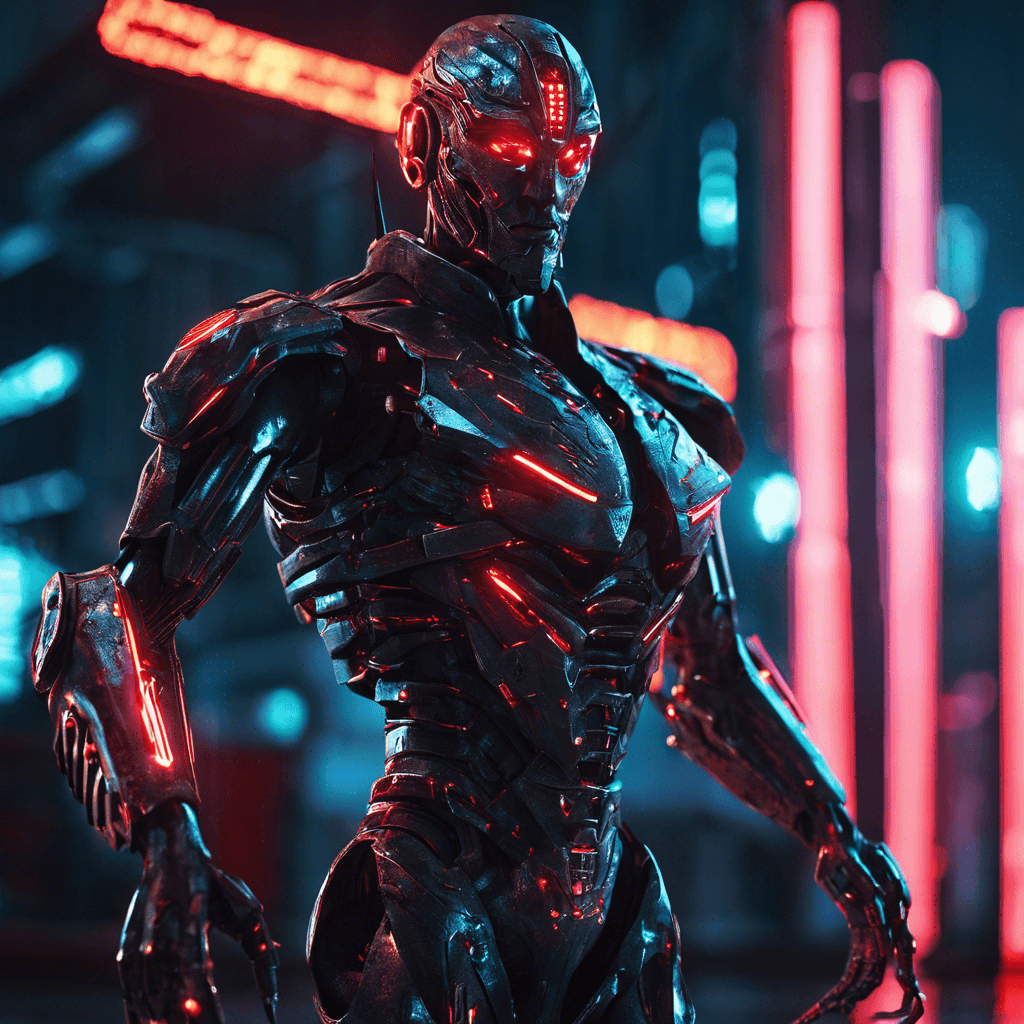 The Cybernetic Hunter is a formidable enemy, standing at nearly seven feet tall. Its metallic body is sleek and adorned with glowing neon symbols that pulse with energy. Its eyes are piercing red lights that scan its surroundings with precision, constantly analyzing potential threats. Its limbs end in sharp, retractable blades, ready to strike at a moment's notice.