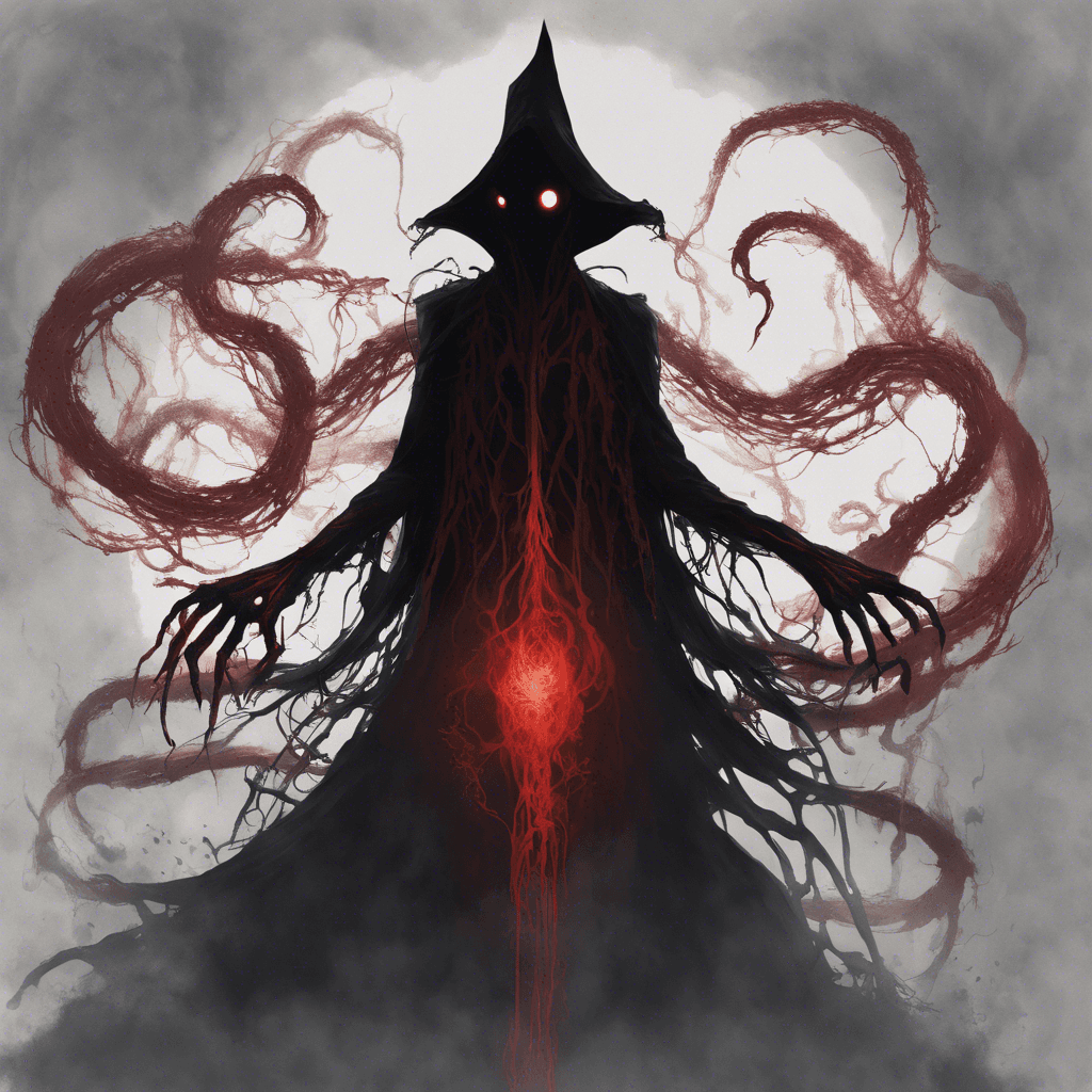 A shadowy figure that drifts above the ground, tendrils of dark mist swirl around its form. Its eyes glow with a malicious red light, and its long, spindly fingers seem to grasp at the very air.