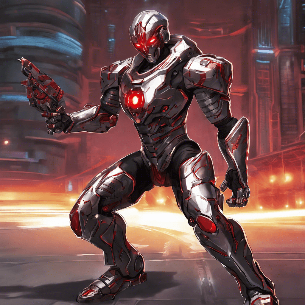 The Orion Syndicate Enforcer is a cybernetically enhanced humanoid with glowing red eyes and metallic armor plating covering their body. They are armed with advanced energy weapons and move with inhuman speed and precision.