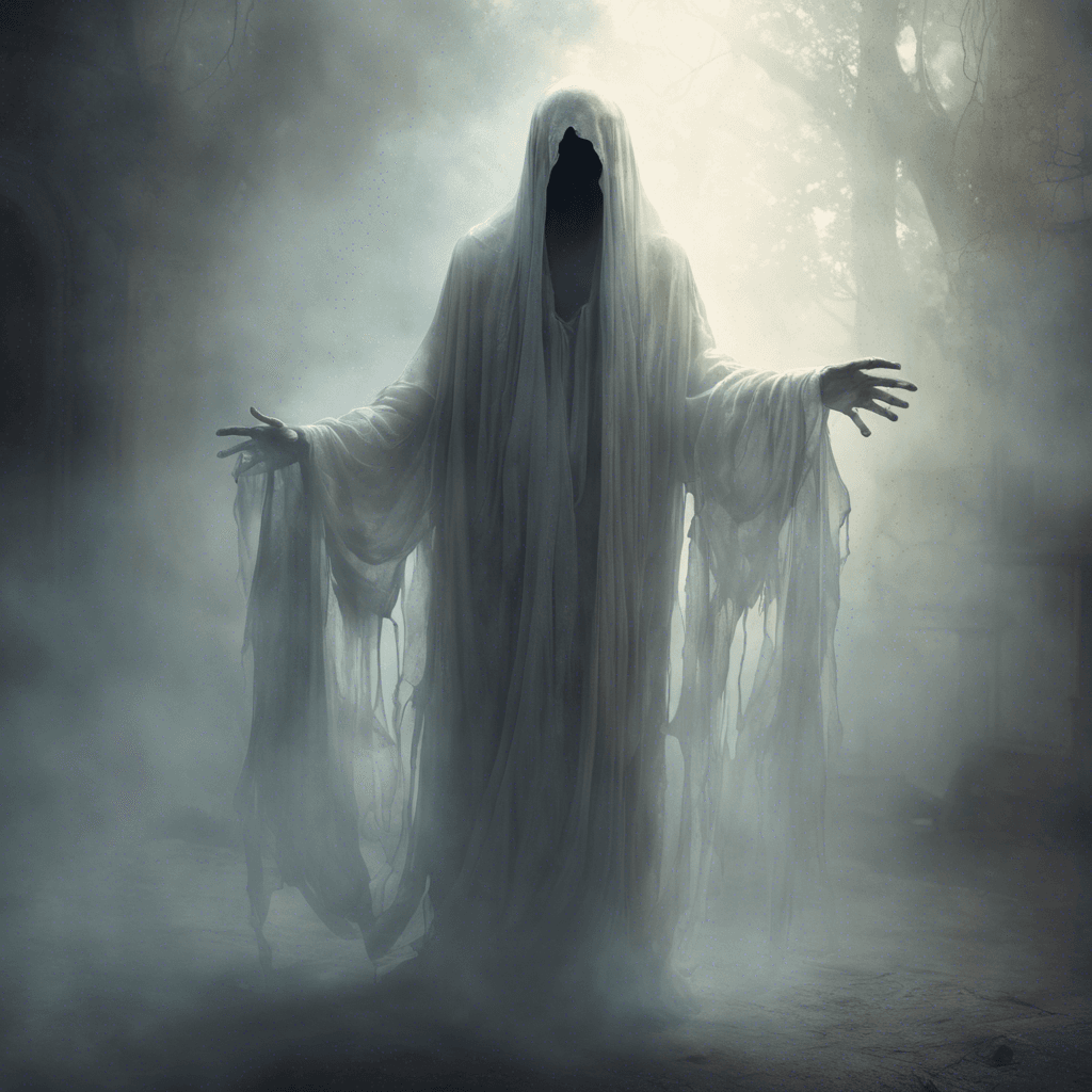 A ghostly entity with a semi-transparent appearance, tattered robes hanging off its form like ancient curtains, and a glowing aura of eerie light emanating from its hollow eyes.