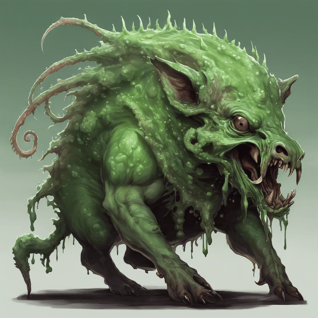 A grotesque beast with the massive body of a boar, slimy slug-like skin, tusks covered in a green acidic slime, small beady eyes and dozens of writhing tentacle-like protrusions instead of fur. Its breath is a putrid cloud of miasma, and it moves with a disturbing, undulating gate.