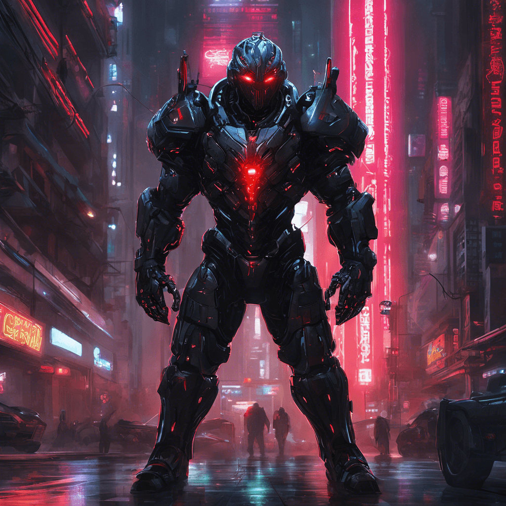 The Cybernetic Enforcer is a towering figure clad in black armor, with glowing red eyes peering out from a helmet adorned with various sensor arrays. Its cybernetic limbs gleam in the neon lights of the city, enhancing its strength and agility. This technological terror is equipped with an array of weapons and tools, ready to enforce the will of the corrupt corporate overlords.