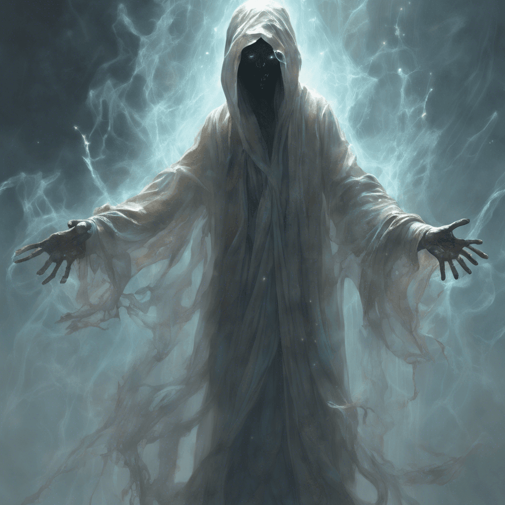 A translucent figure with tattered robes floating off the ground, its hollow eyes emitting a faint glow, and hands reaching out as if to consume the life force of anything near.